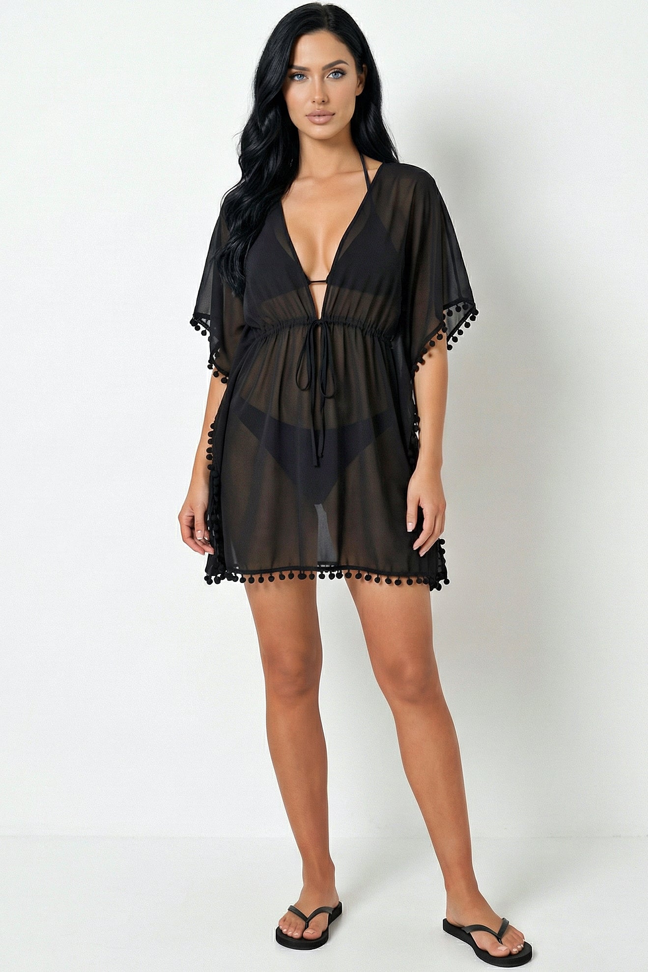 Black Pom-Pom Trim Beach Dress