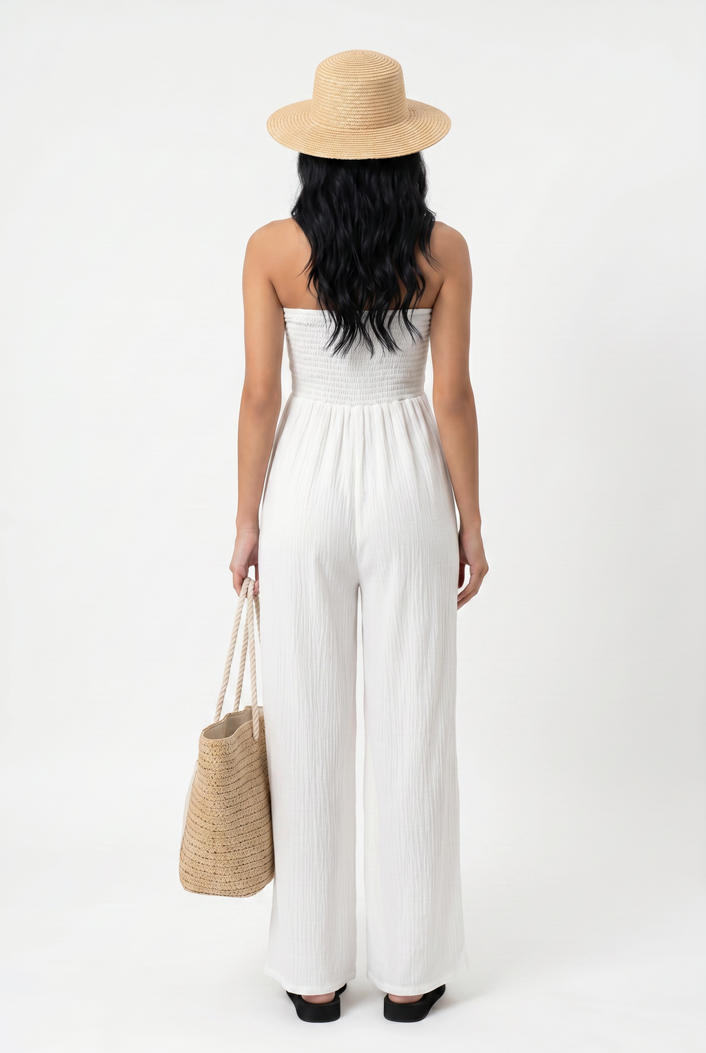 Smocked Strapless Wide-Leg Jumpsuit