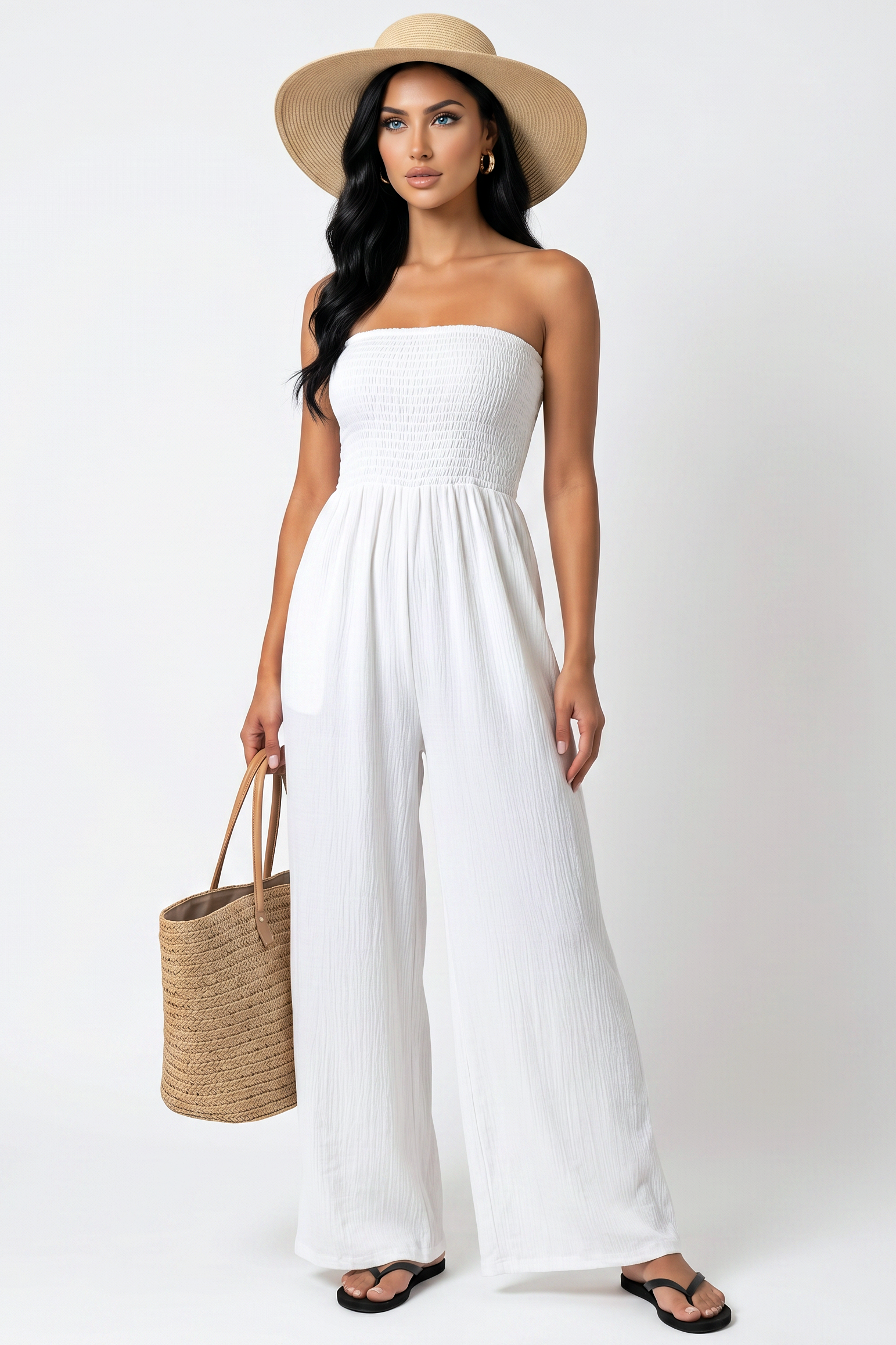 Smocked Strapless Wide-Leg Jumpsuit
