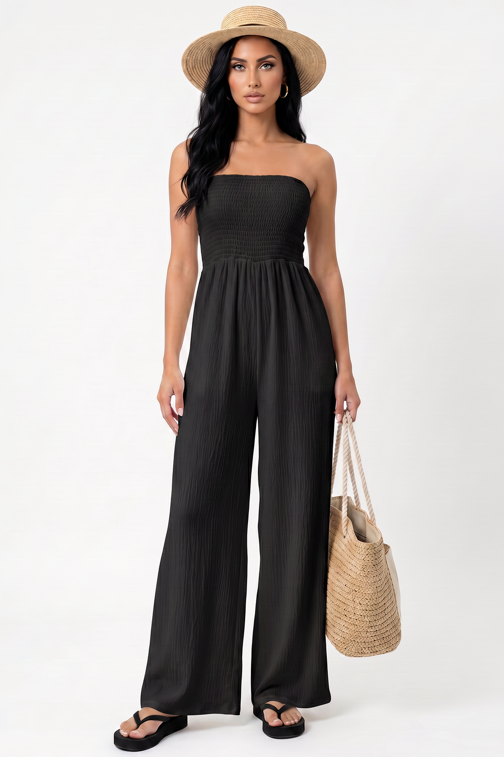 Smocked Strapless Wide-Leg Jumpsuit
