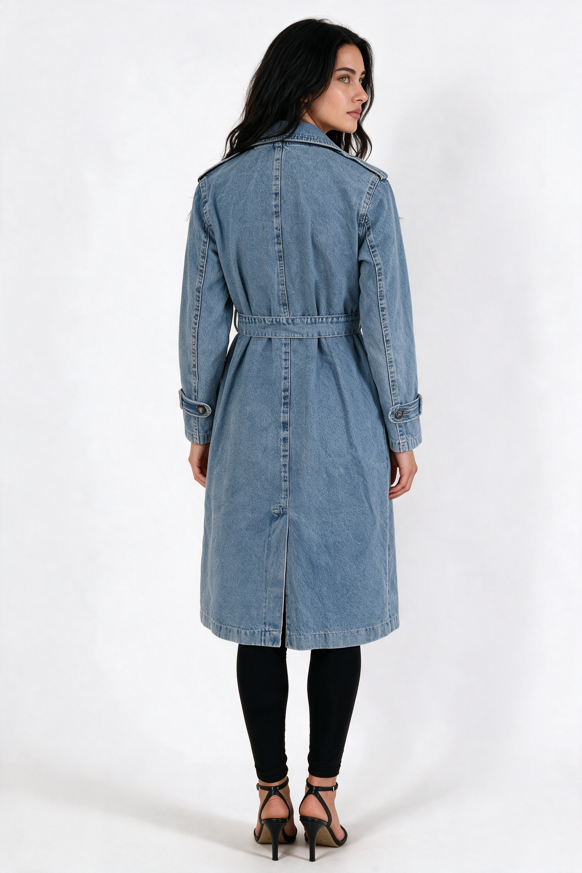 Belted Denim Trench Coat - Blue - back