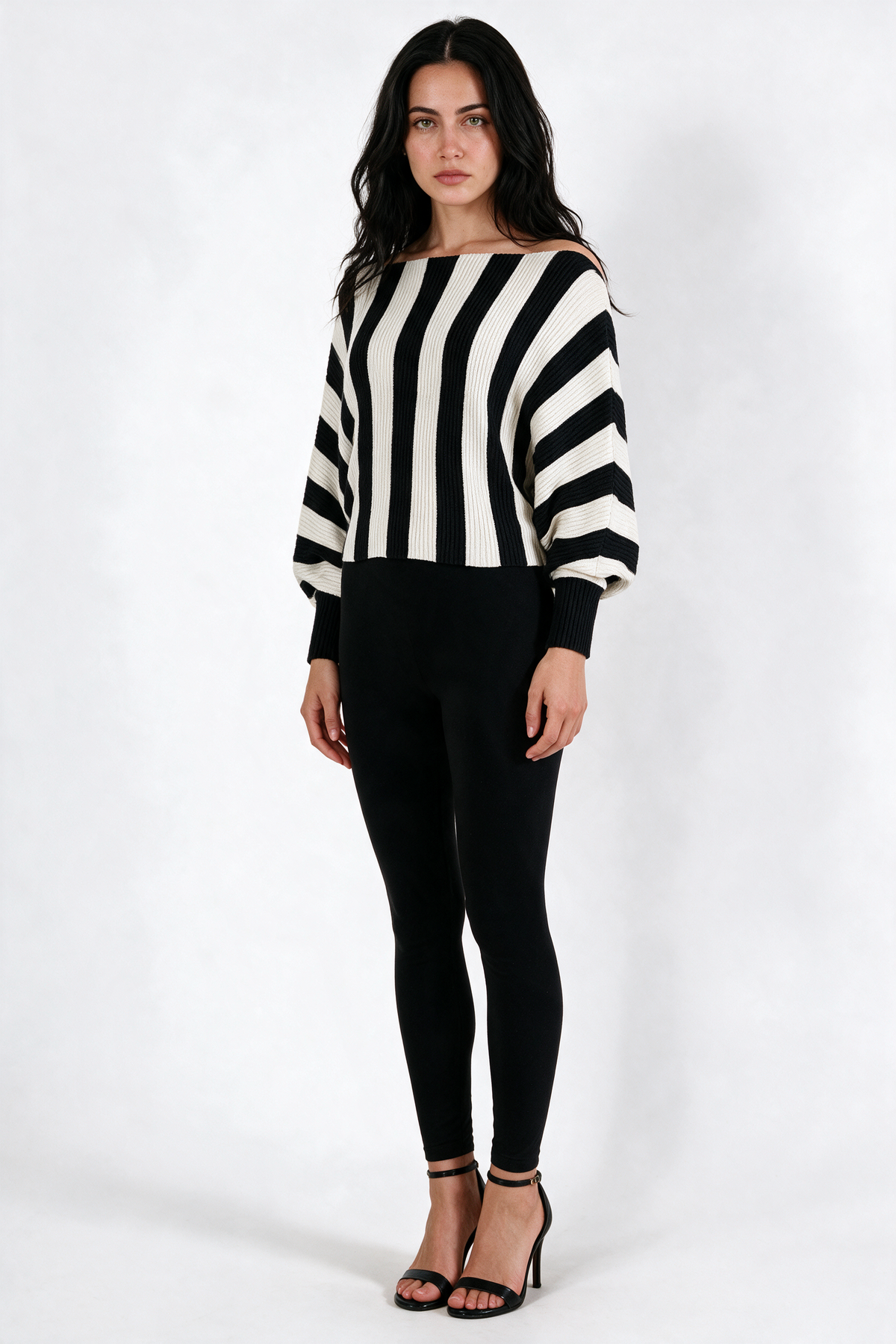Striped Off-Shoulder Batwing Sweater - Black/White - front