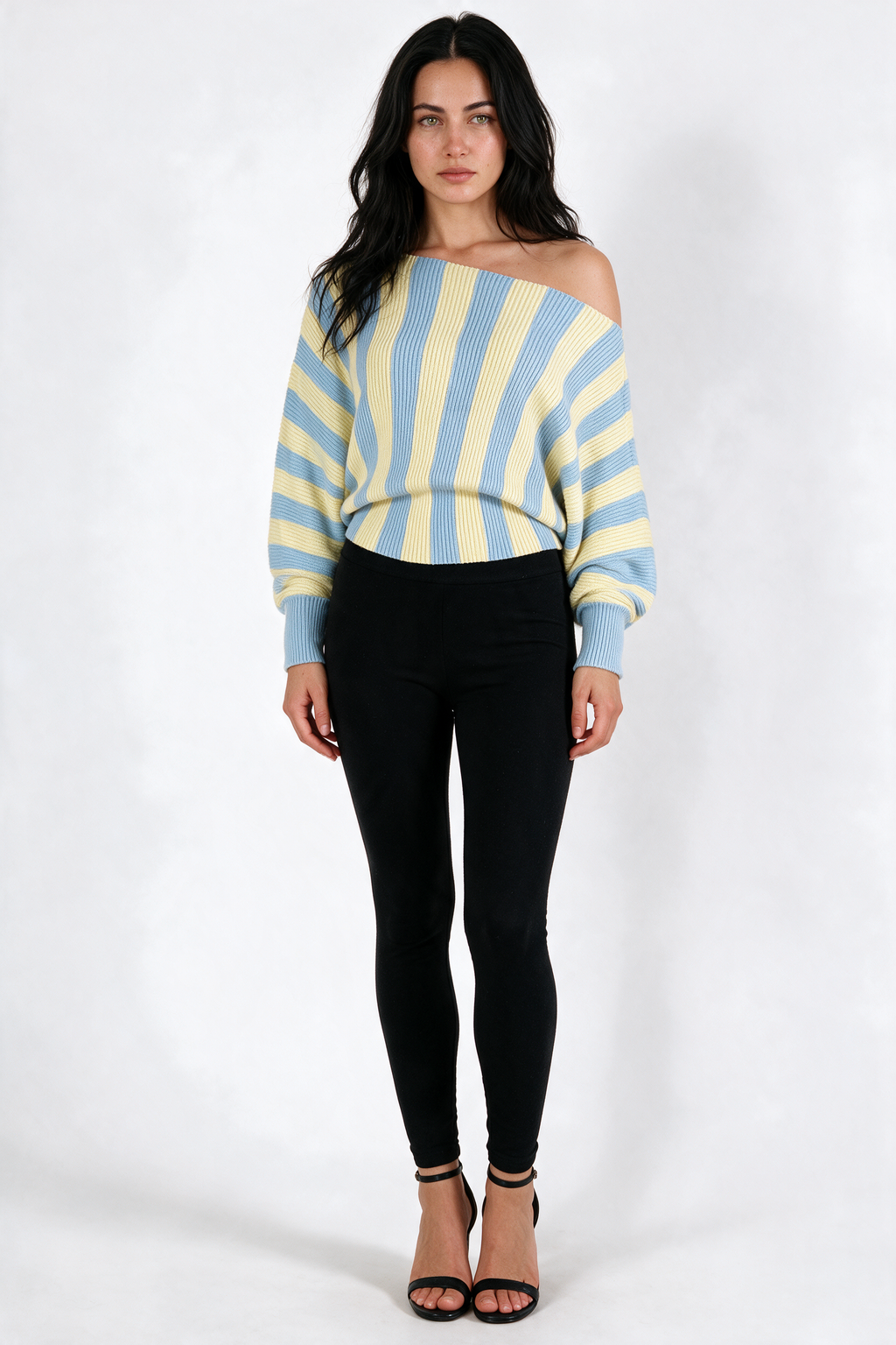 Striped Off-Shoulder Batwing Sweater - Blue/Yellow - front