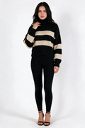 Striped Cropped Turtleneck Sweater - Black/Beige - front