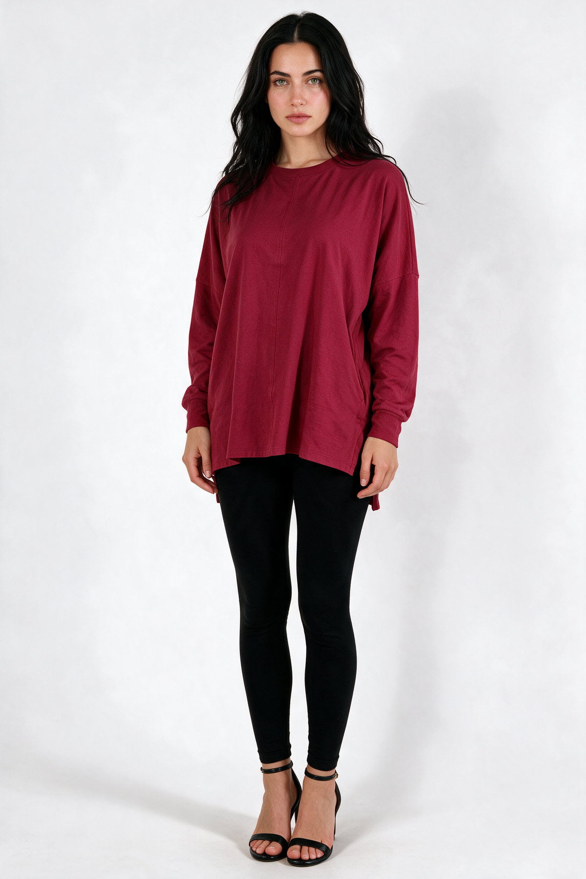 Oversized Drop-Shoulder Tunic Top - Red - front