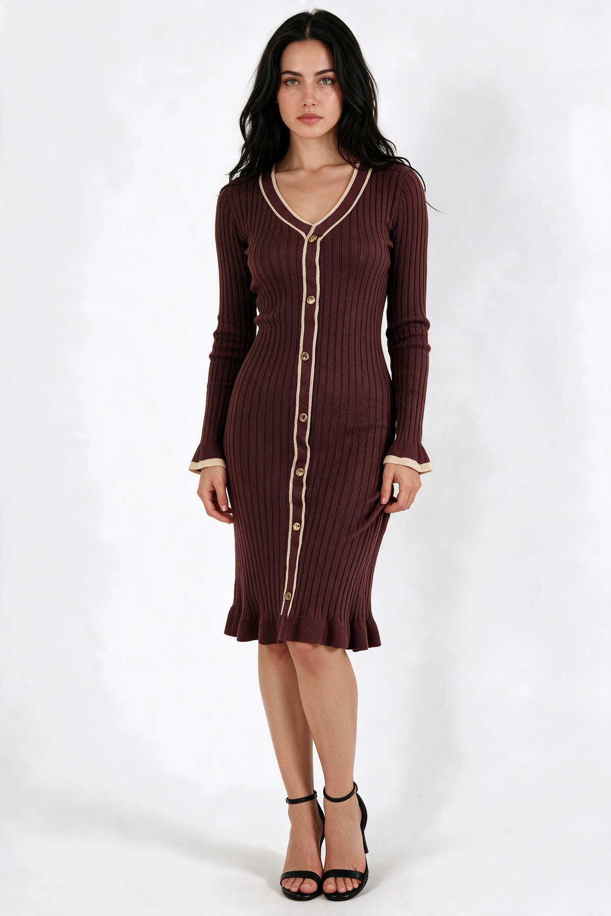 Ribbed Button-Front Knit Dress with Ruffle Hem - Brown - front