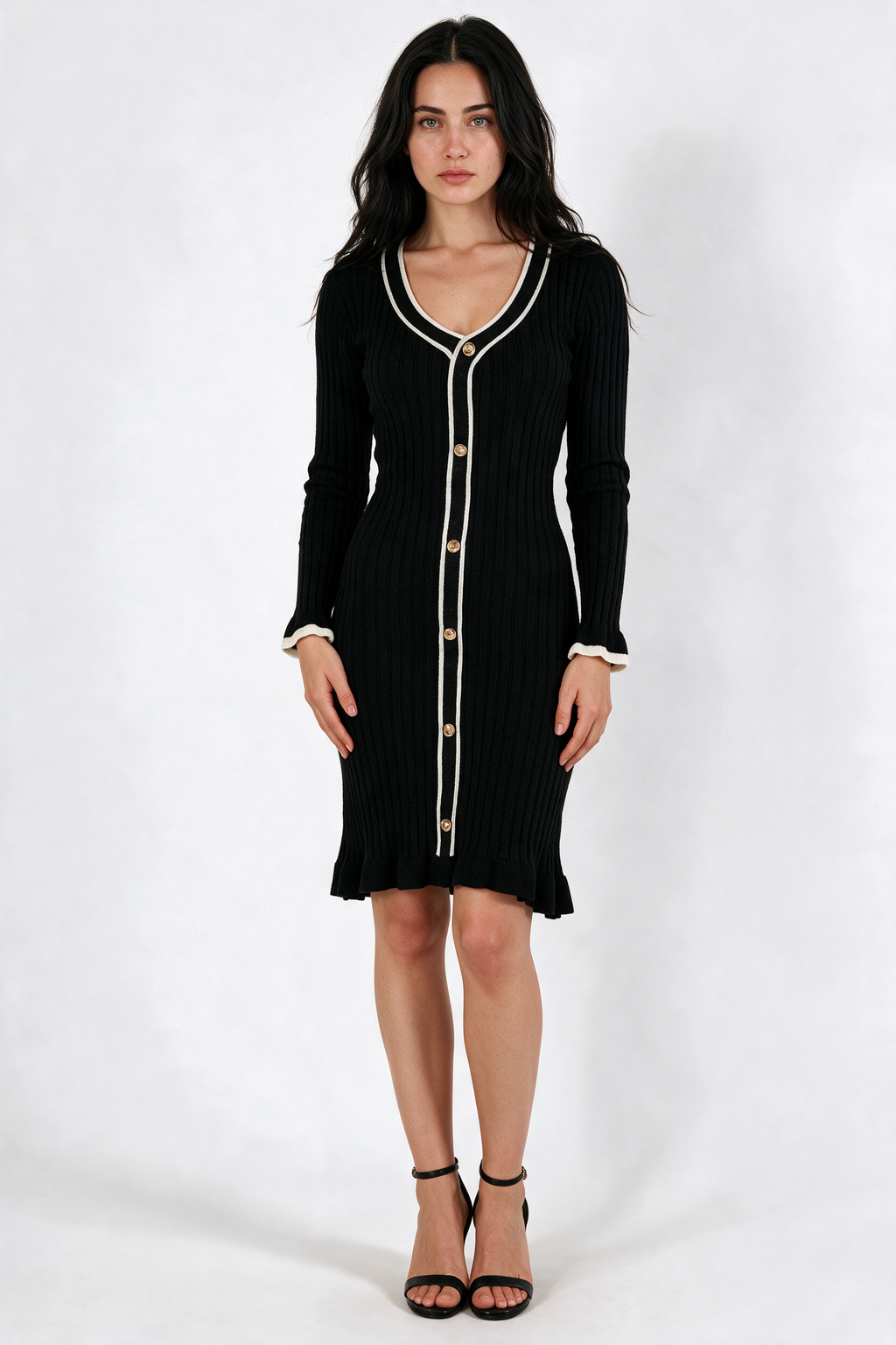 Ribbed Button-Front Knit Dress with Ruffle Hem - Black - front