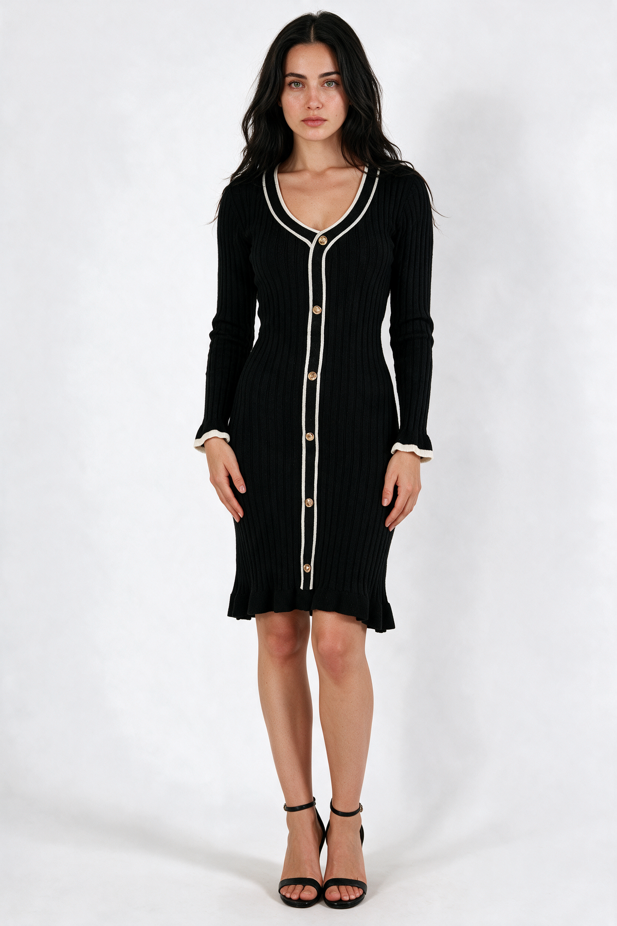 Ribbed Button-Front Knit Dress with Ruffle Hem - Black - front