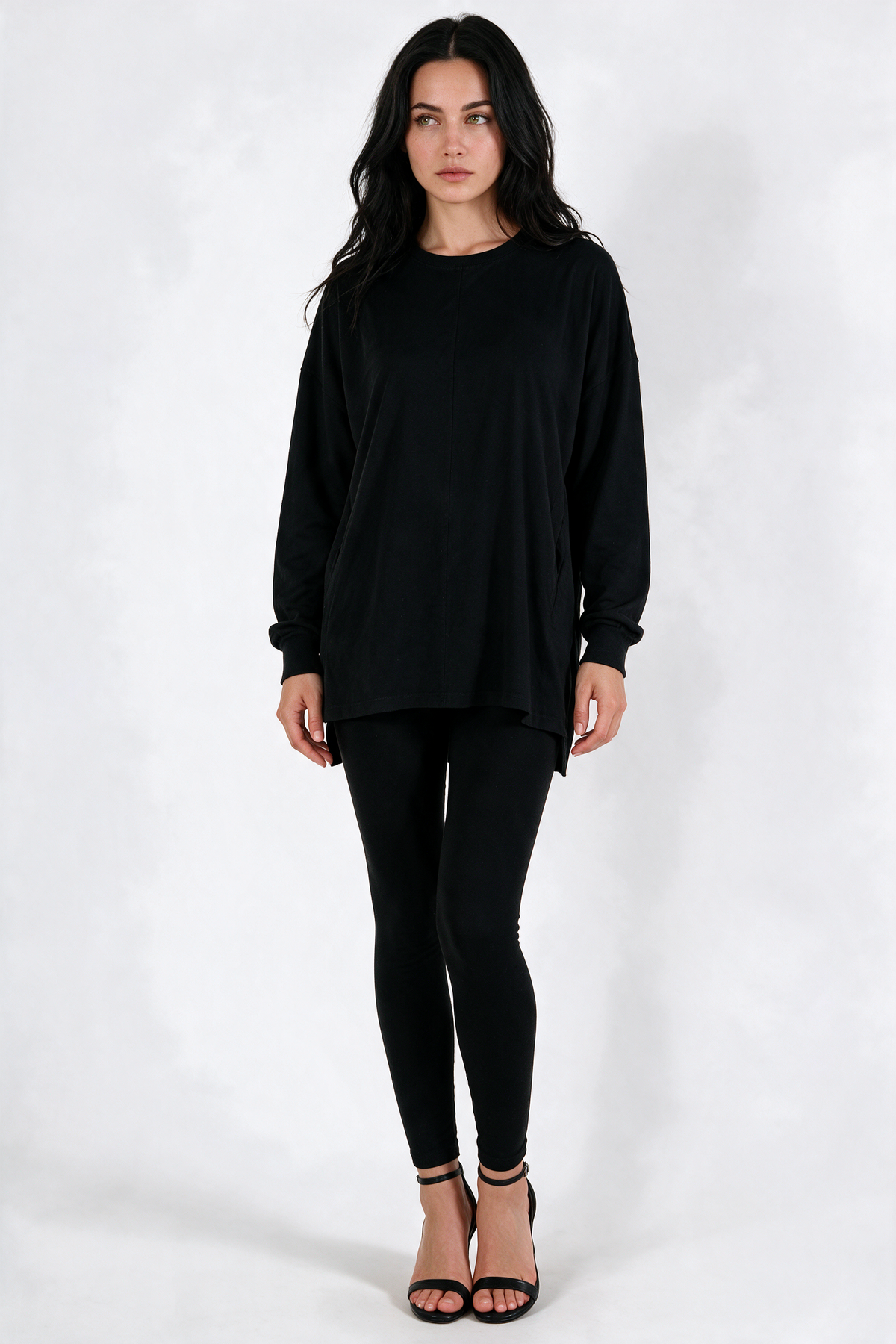 Oversized Drop-Shoulder Tunic Top - Black - front