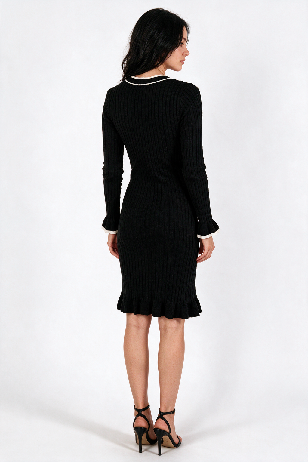 Ribbed Button-Front Knit Dress with Ruffle Hem - Black - back