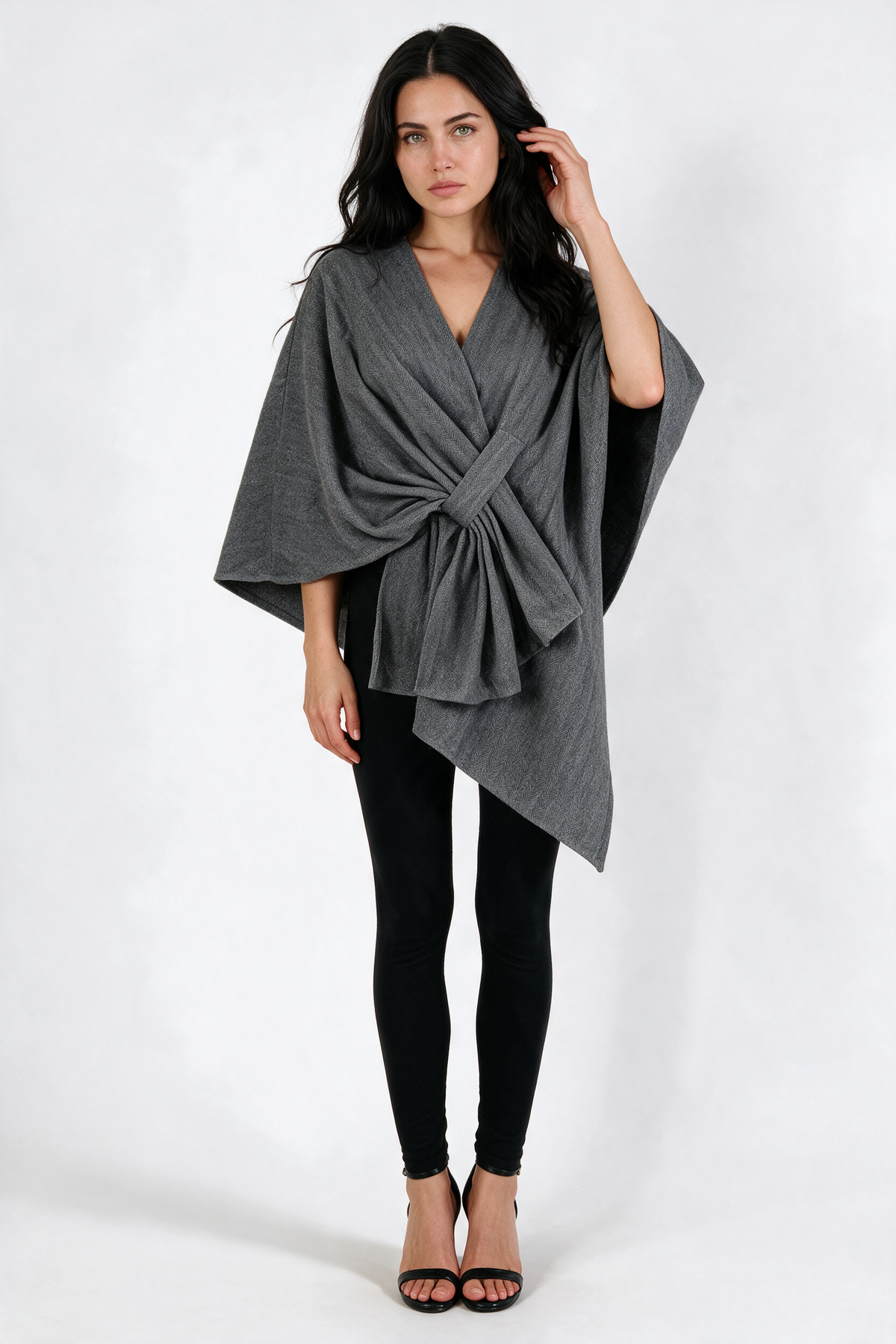 Knot-Front Wrap Cape Poncho - Grey - front