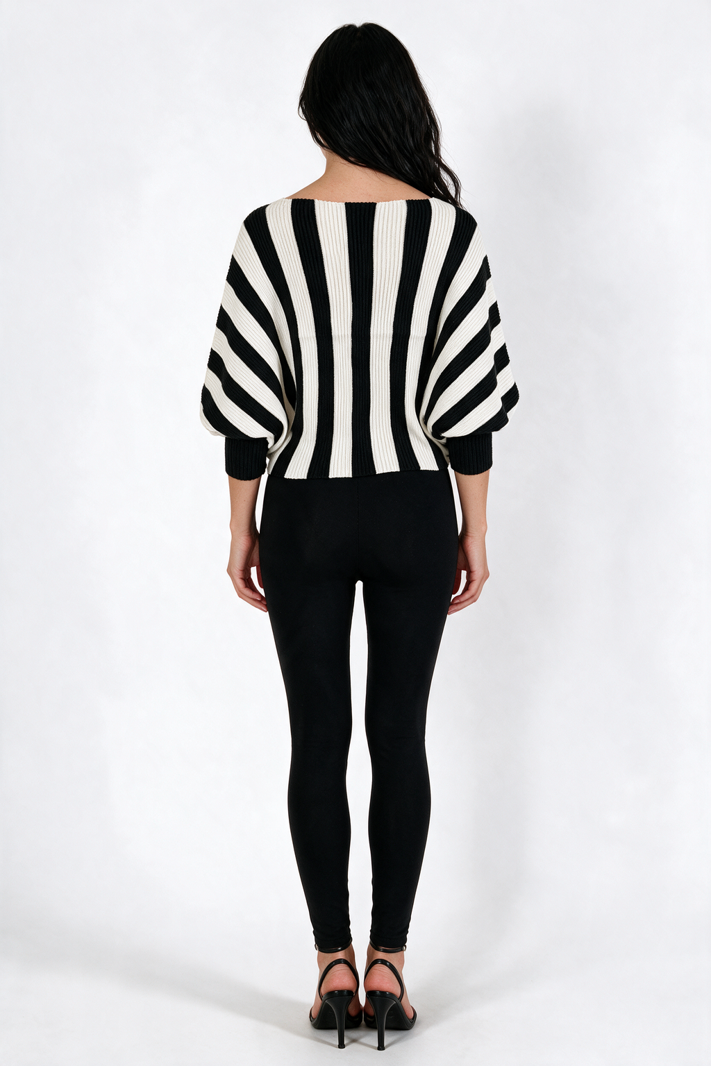 Striped Off-Shoulder Batwing Sweater - Black/White - back