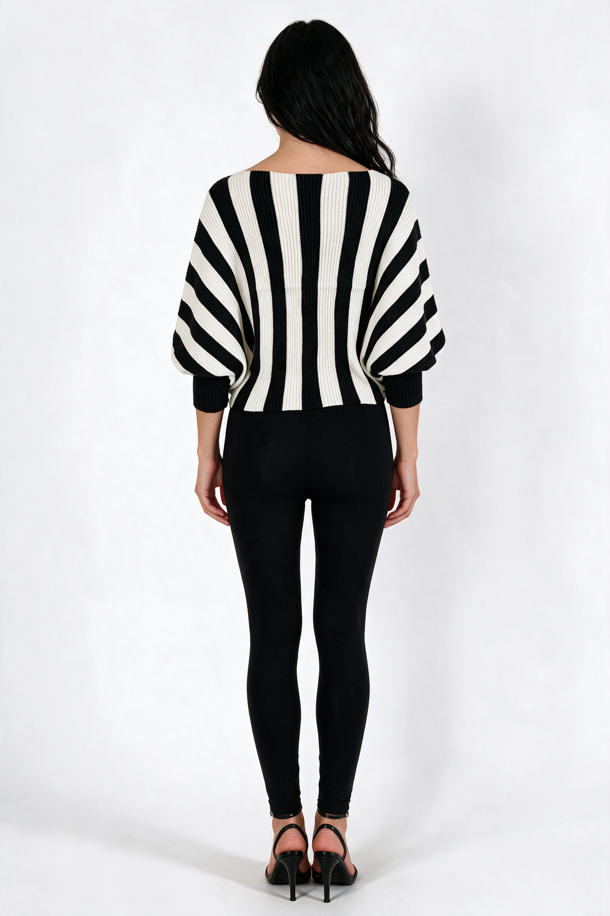 Striped Off-Shoulder Batwing Sweater - Black/White - back
