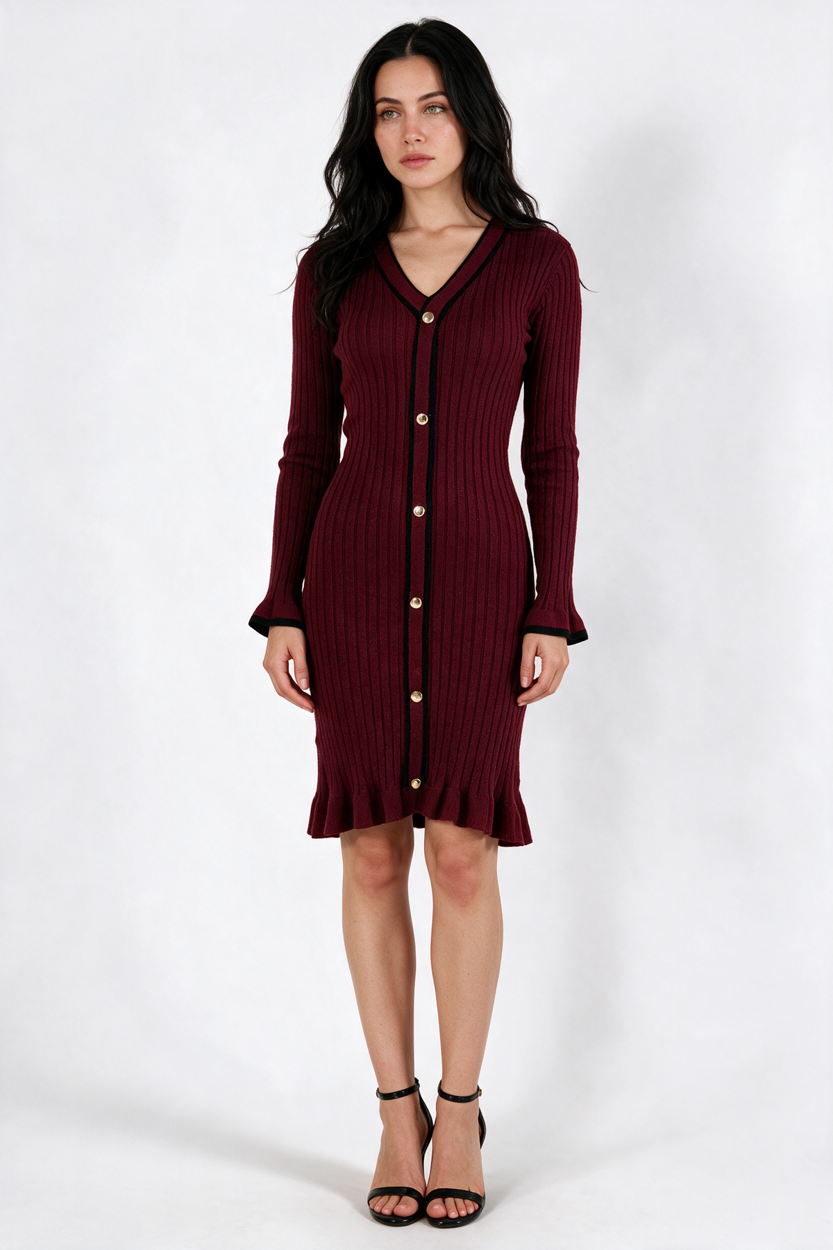 Ribbed Button-Front Knit Dress with Ruffle Hem - Burgundy - front