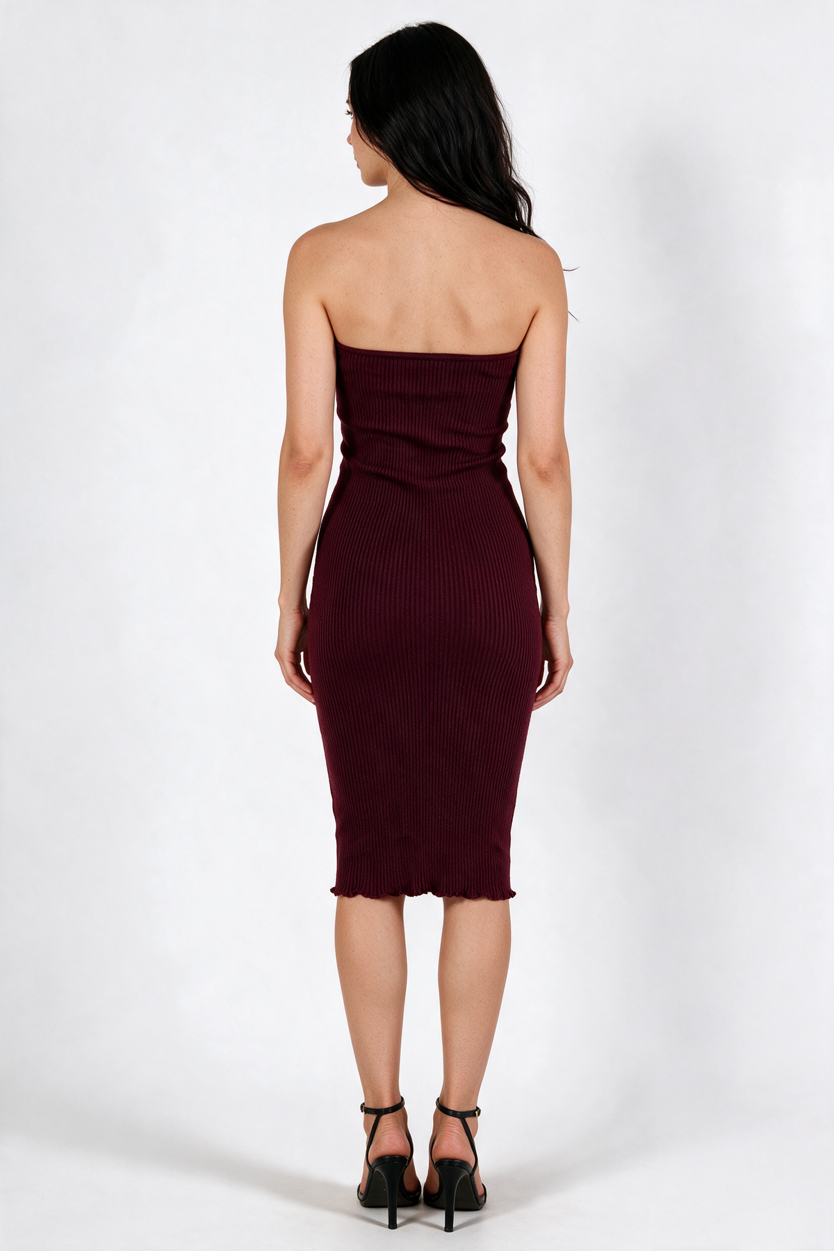 Strapless Ribbed Midi Tube Dress - Burgundy - back
