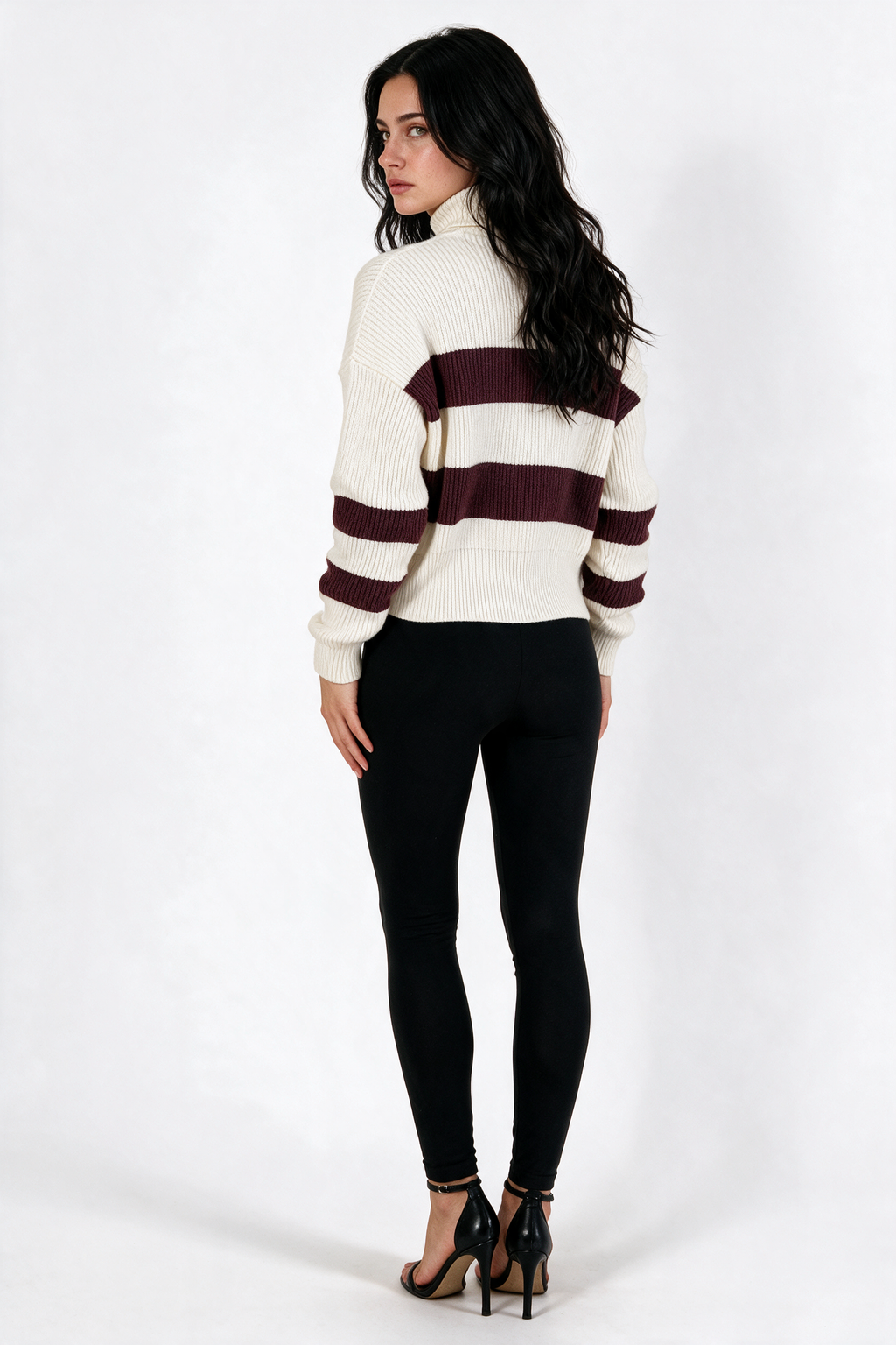 Striped Cropped Turtleneck Sweater - White/Burgundy - back