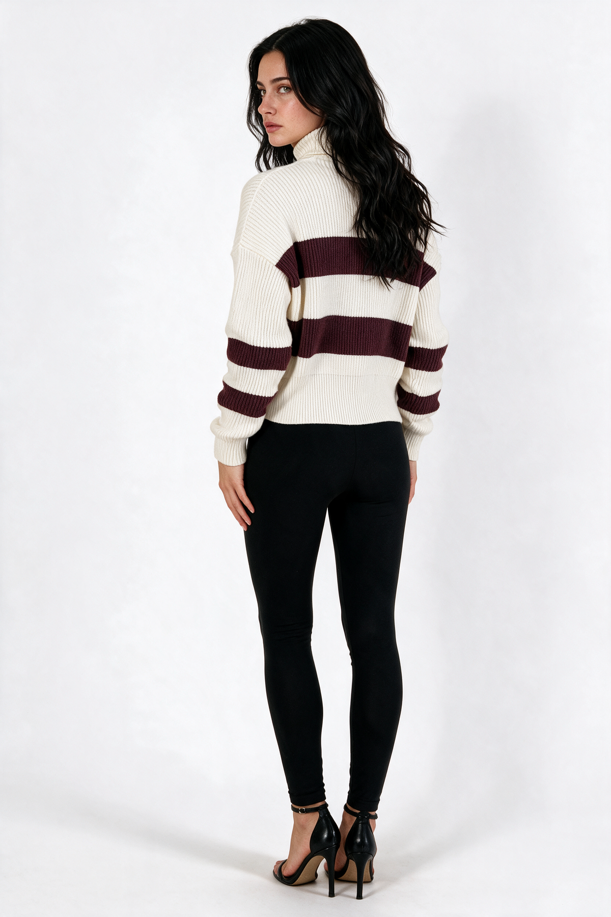 Striped Cropped Turtleneck Sweater - White/Burgundy - back