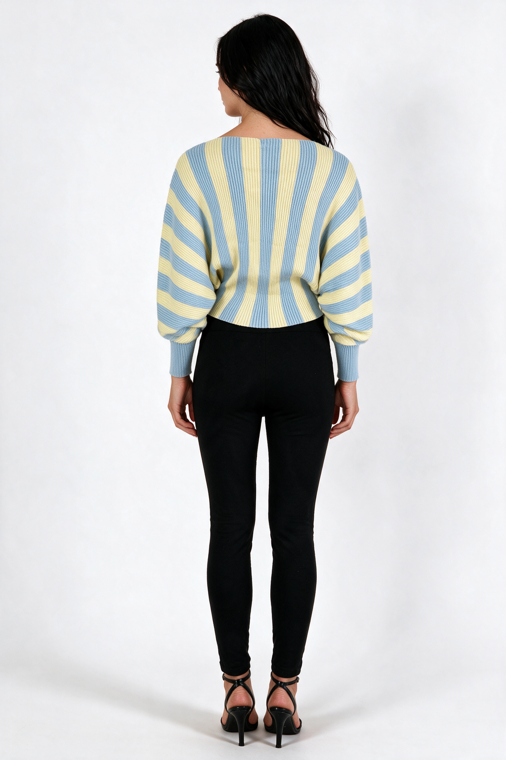 Striped Off-Shoulder Batwing Sweater - Blue/Yellow - back