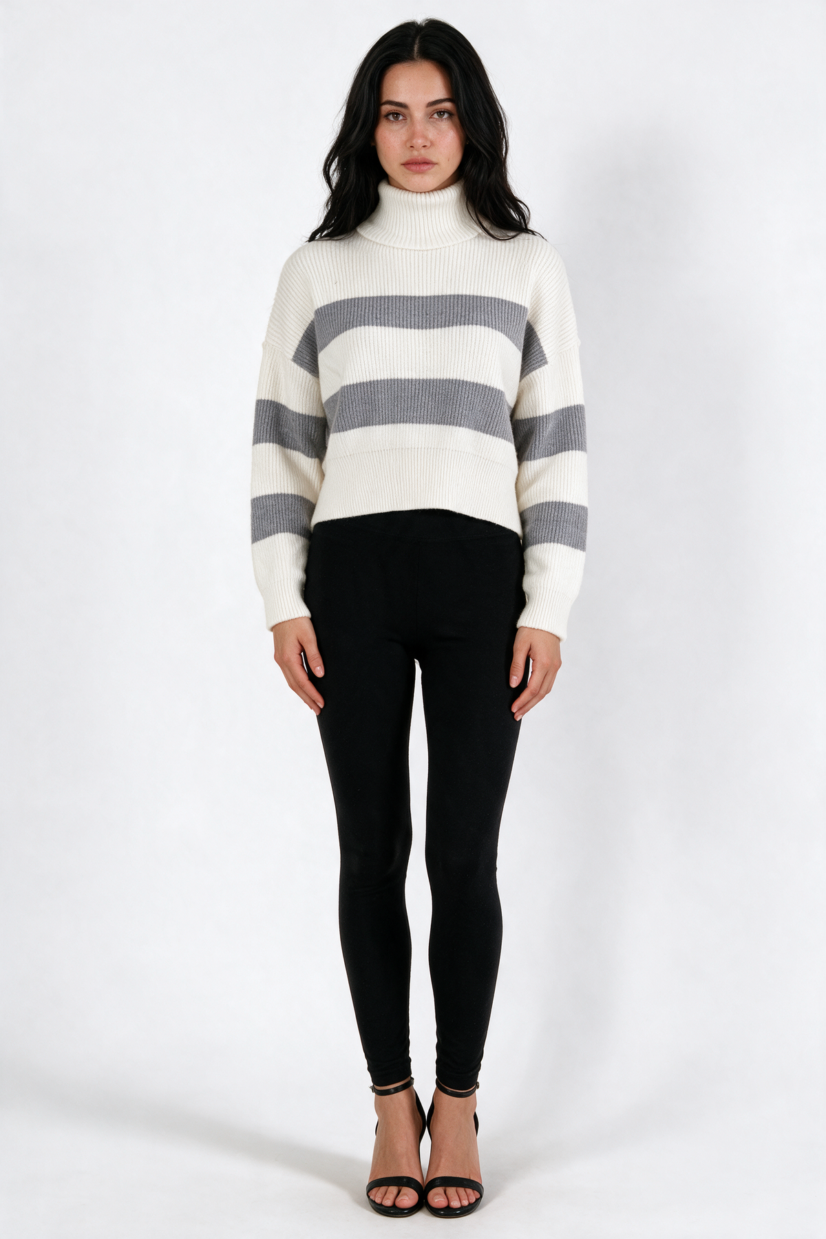 Striped Cropped Turtleneck Sweater - White/Grey - front