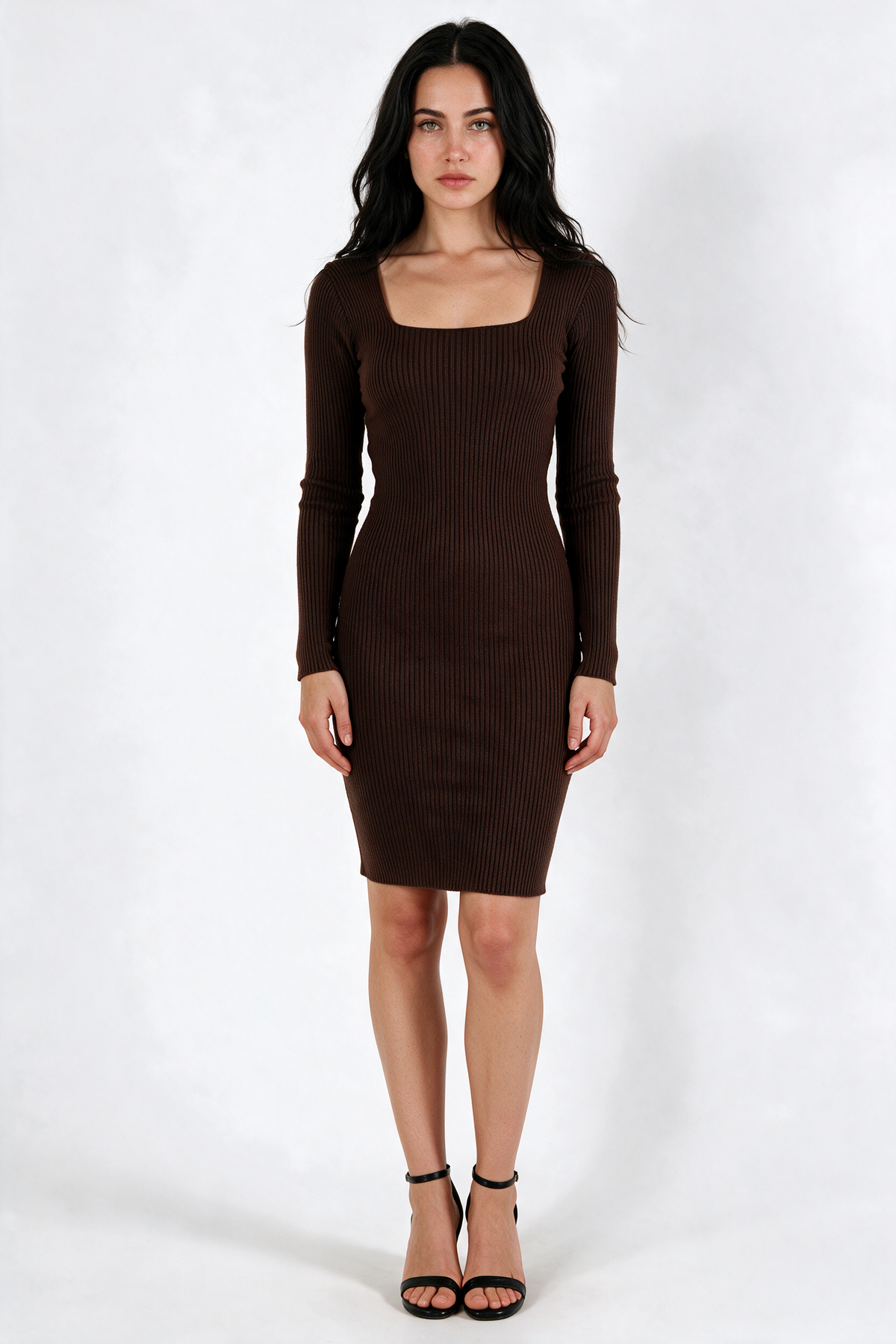 Square-Neck Ribbed Bodycon Dress - Brown - front
