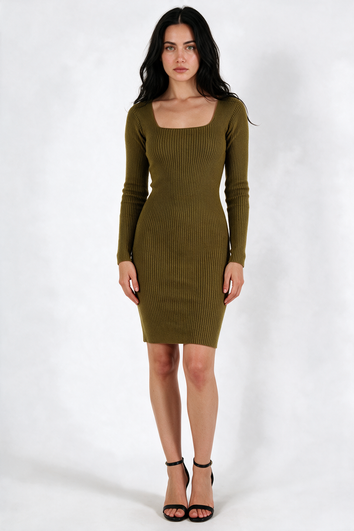 Square-Neck Ribbed Bodycon Dress - Olive - front
