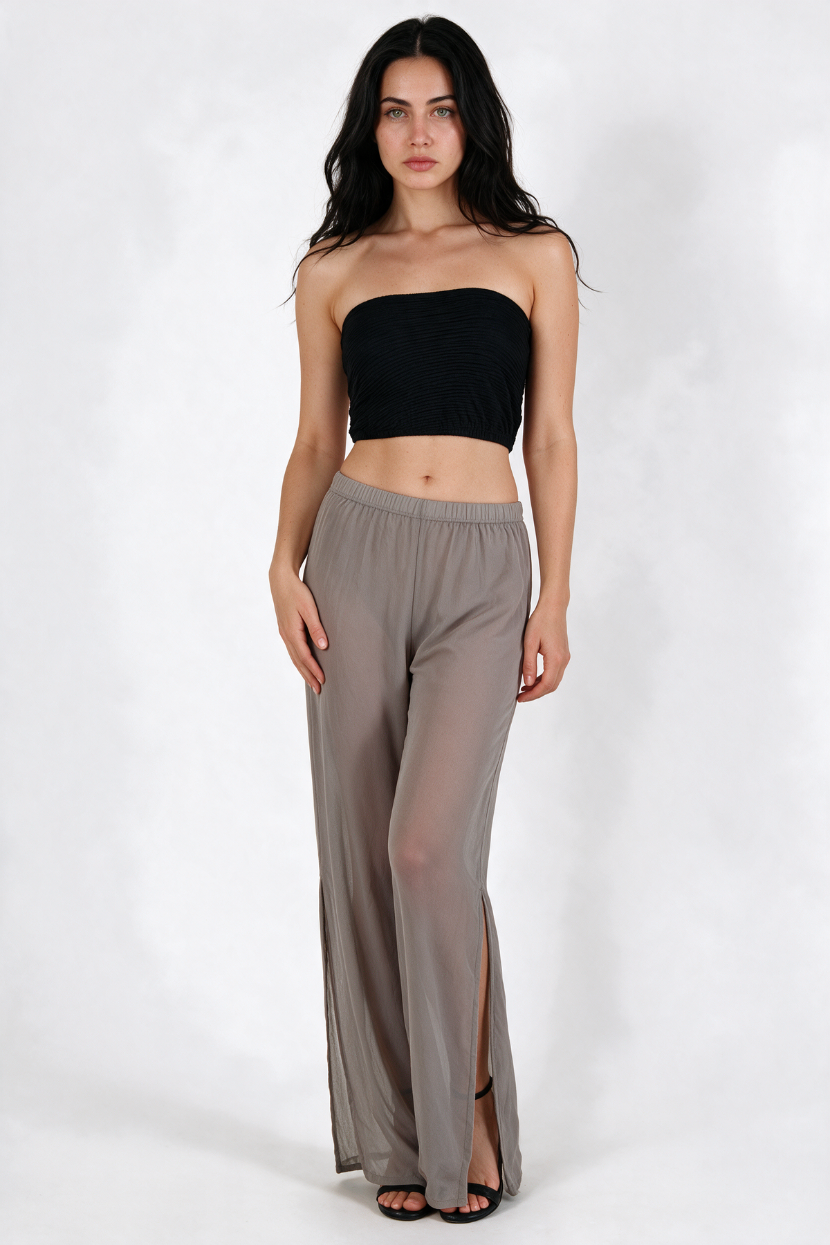 Midnight Breeze Sheer Wide-Leg Pants - Grey - front