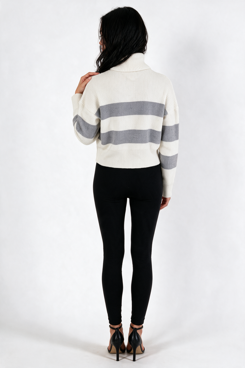 Striped Cropped Turtleneck Sweater - White/Grey - back
