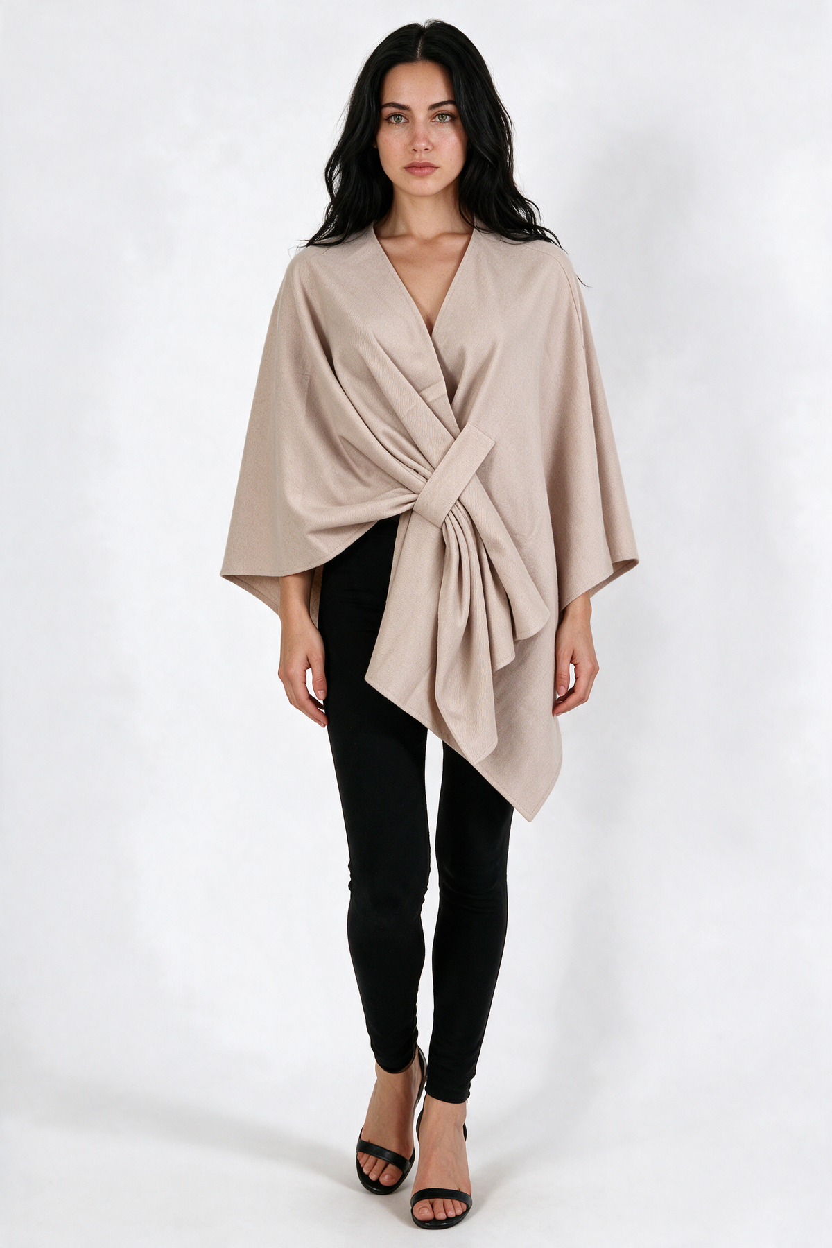 Knot-Front Wrap Cape Poncho - Beige - front