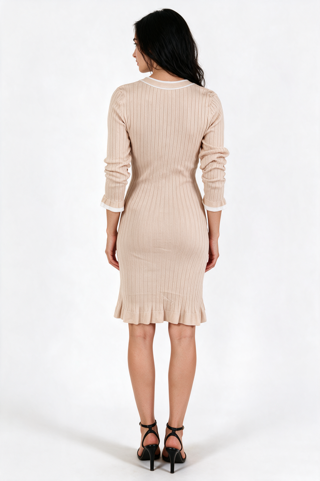 Ribbed Button-Front Knit Dress with Ruffle Hem - Beige - back