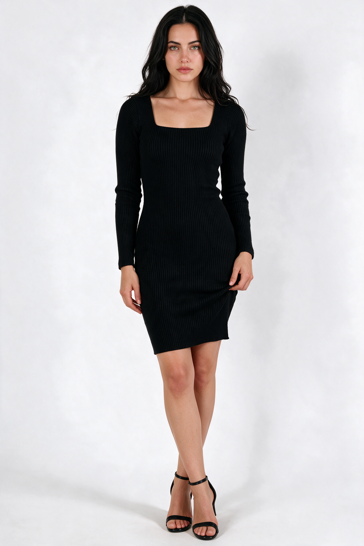 Square-Neck Ribbed Bodycon Dress - Black - front