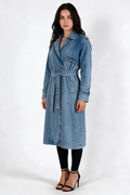 Belted Denim Trench Coat - Blue - front