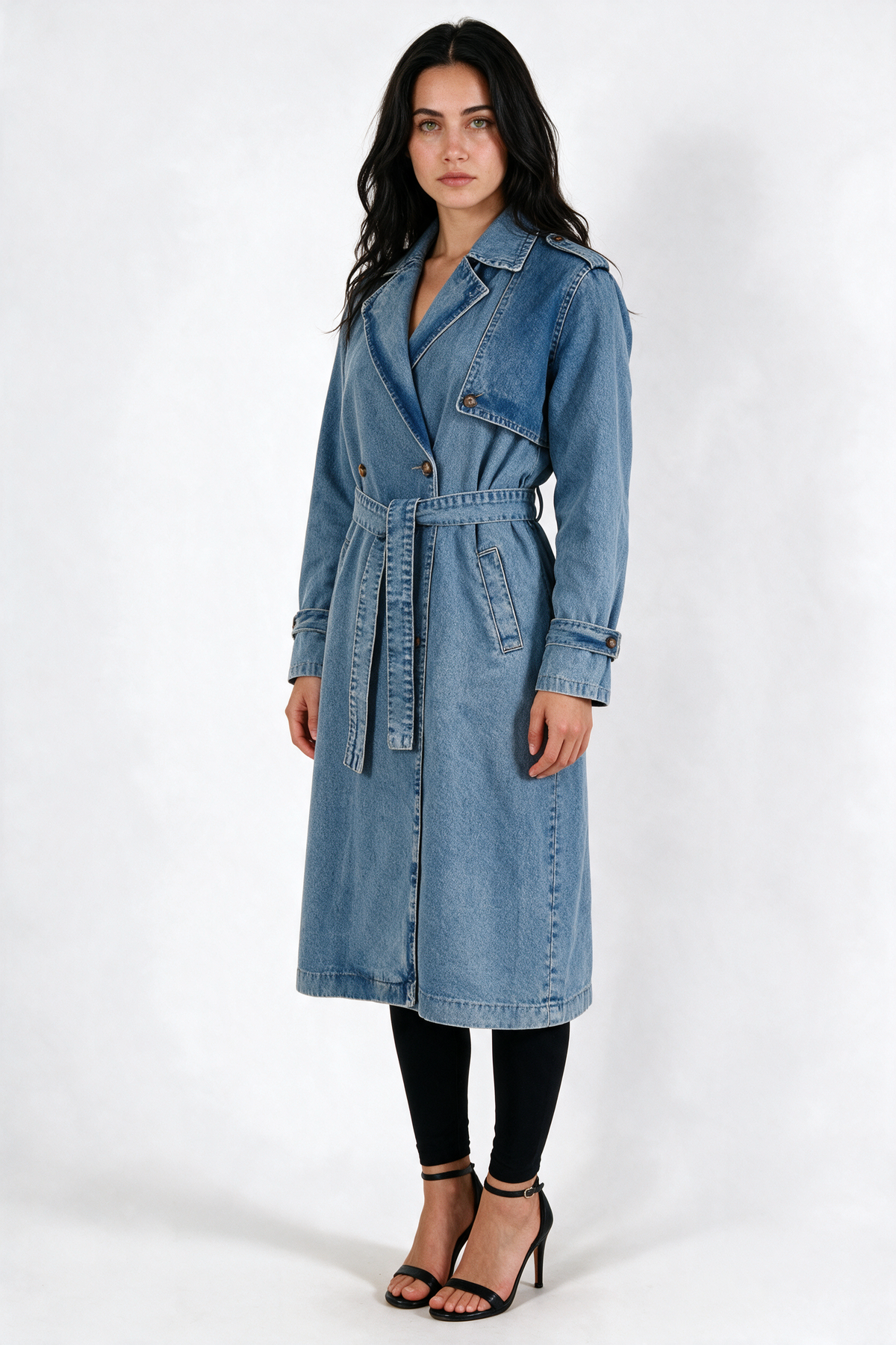 Belted Denim Trench Coat - Blue - front