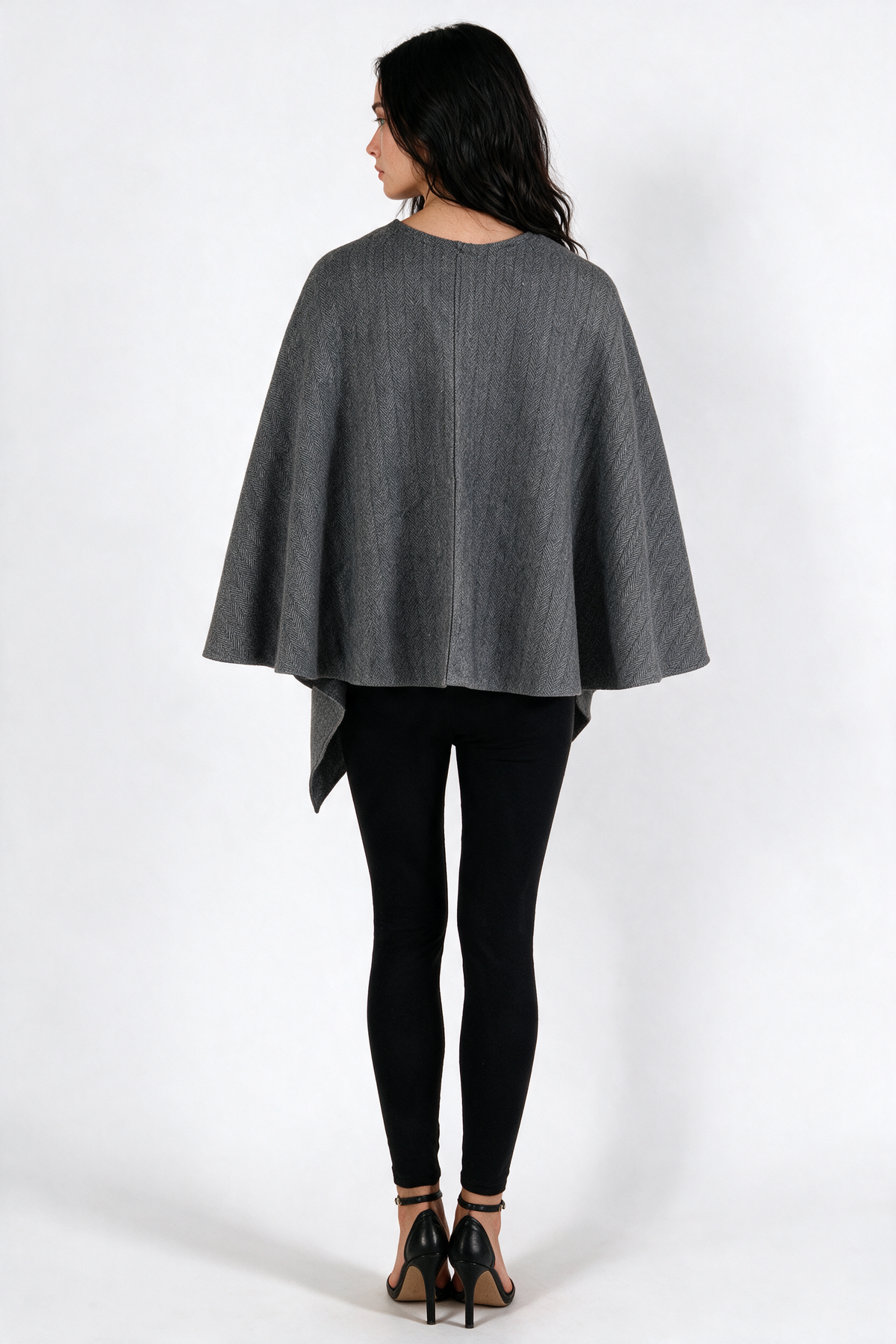 Knot-Front Wrap Cape Poncho - Grey - back