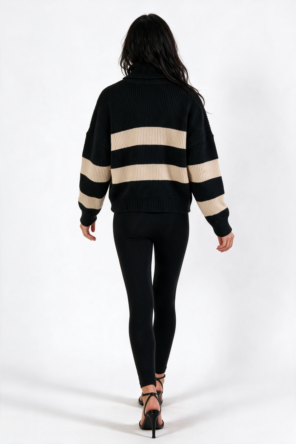 Striped Cropped Turtleneck Sweater - Black/Beige - back