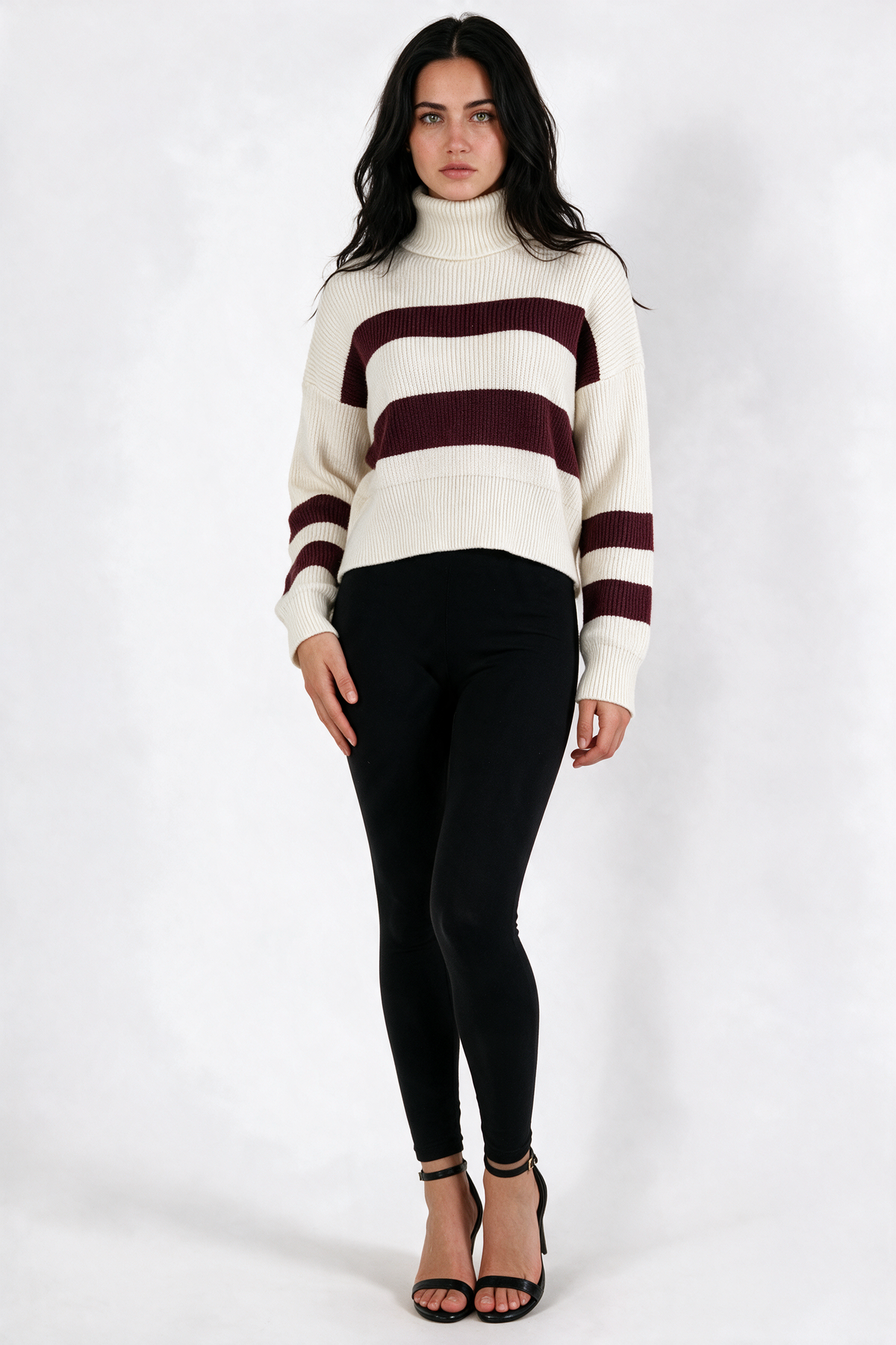 Striped Cropped Turtleneck Sweater - White/Burgundy - front